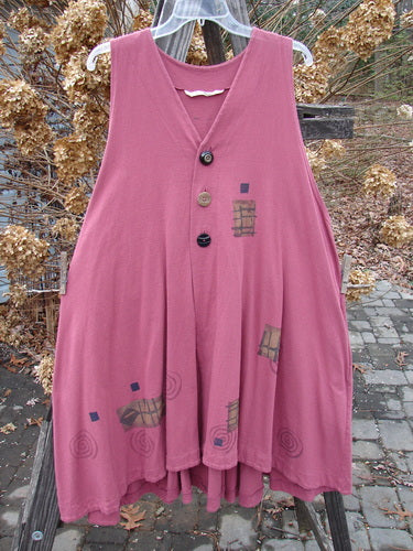 1997 Fresco Vest Structure Fascia OSFA displayed on a wooden fence, featuring deep side pockets, oversized front buttons, and an upward scooped front hemline with adjustable lace detailing.
