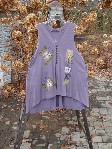 1996 Moonsmile Vest with butterfly theme, buttons, V neckline, and A-line shape. Organic cotton. Bust 50, Waist 56, Hips 60. OFSA.