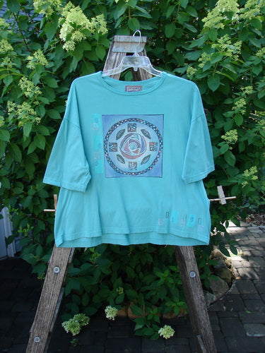 Barclay Short Sleeved Crop Box Tee Center Rose Aqua Size 3 displayed on a hanger over a stepladder, showcasing its oversized, airy design and mandala-style front graphic amidst a natural backdrop.