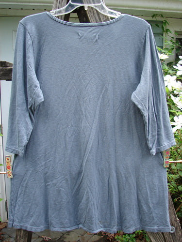 Barclay Slub New Hope Curve Seam Tee Secret Symbol Grey Size 1, featuring three-quarter sleeves, dual curved seams, and a rounded hemline, crafted from lightweight organic cotton slub, offering a forgiving silhouette.