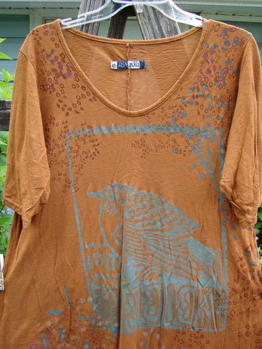 Barclay Slub Curve Bottom Tee Bird Window Ochre Size 0: features a rounded flattened neckline, short sleeves, A-line shape, and a varied hemline, embodying BlueFishFinder's vintage, expressive style.