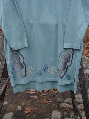 1996 Trifocal Top Celestial Trinket Size 1: A rare, mid-weight organic cotton shirt featuring an abstract forest design, rear shirttail hemline, vented sides, and signature Blue Fish patch on the lower hem.