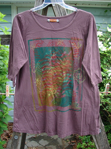 Barclay Three Quarter Sleeved Cafe Tee Water Lily Fig Size 1, featuring a rounded ribbed neckline, three-quarter sleeves, and a slight A-line shape, showcasing a water lily theme.