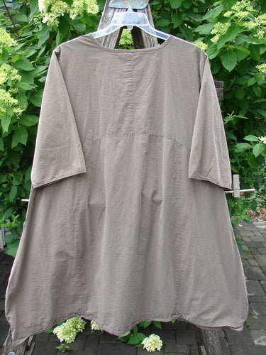 Barclay Percal Urchin Dress Climbing Garden Stripe Rock Size 0: A loose-fitting, A-line taupe tunic with elbow-length sleeves, draped outdoors against lush foliage, embodying vintage Blue Fish Clothing's creative, expressive style.