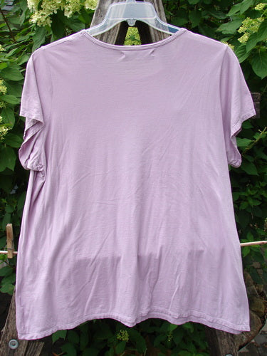 Barclay Cap Sleeved Tee Unpainted Lavender Size 2 hangs on a clear hanger, displayed outdoors against lush greenery, embodying BlueFishFinder.com's vintage aesthetic and creative expression for all women.