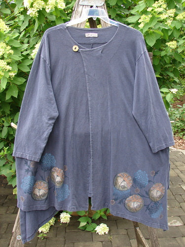 Barclay Single Button Painter's Jacket in Deep Navy, featuring a wooden button closure, moon flower motif, oversized front pocket, and unique hemline, embodying BlueFishFinder's vintage flair and creative expression.