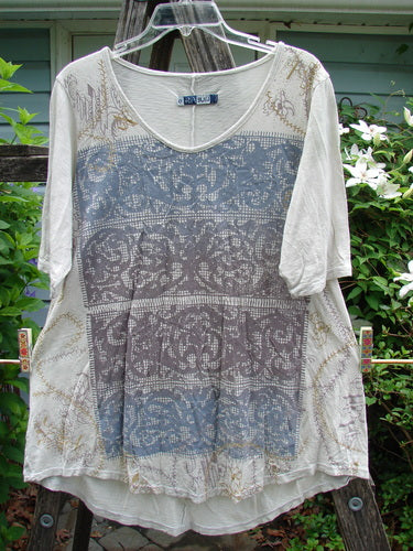 Barclay Slub Short Sleeved Travel Tee Garden Gates Birch Bark Size 0 features a rounded neckline, wide sleeves, A-line shape, and high-low hem, reflecting Bluefishfinder.com's vintage creative style.