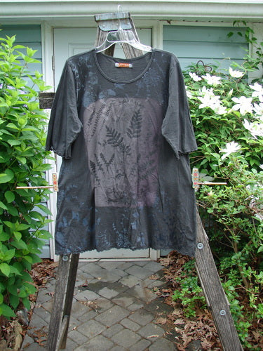 Barclay Slub Three Quarter Sleeved Cafe Tee Night Fern Raven Size 1 featuring a rounded neckline, slight A-line flare, curly edgings, and varying hemline, perfect for expressing individuality through vintage-inspired fashion.