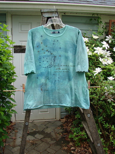 Barclay Cotton Lycra Three Quarter Sleeved Cafe Tee in Mottled Mint, features a unique Vincent Van Gogh Moon Theme with a sweeping A-line shape and curly edgings, perfect for creative expression.