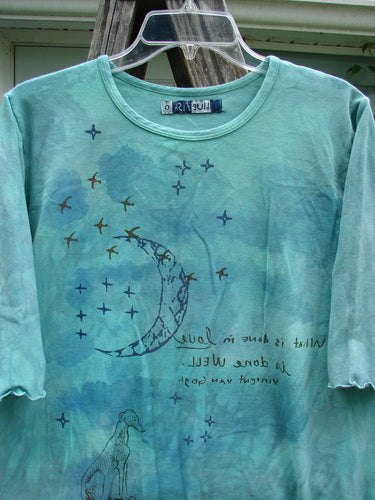 Barclay Cotton Lycra Three Quarter Sleeved Cafe Tee, features a uniquely curved A-line silhouette with a rolled neckline and curly edges, inspired by Vincent Van Gogh, in mottled mint, Size 0.