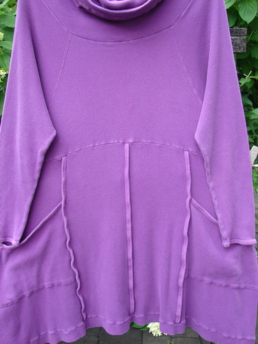Barclay Thermal Cowl Collar Vertical Empire Pocket Dress in Unpainted Magenta, Size 1, features a loose cowl neckline, seam detailing, and front pockets, hanging against a leafy backdrop.
