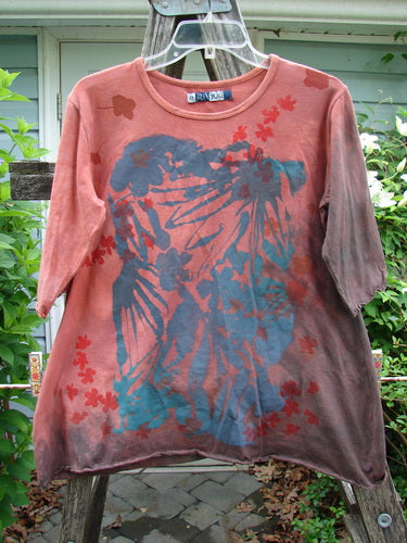 Barclay Three Quarter Sleeved Cafe Shadow Garden Mottled Burnt Orange Size 0 Tee, featuring a sweeping A-line shape, rolled neckline, and curly edgings, crafted from mid-weight organic cotton Lycra blend.
