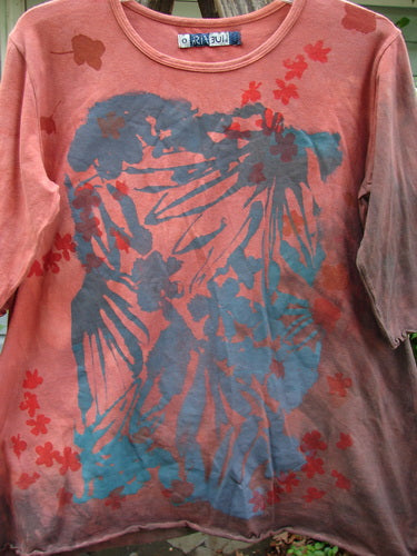 Barclay Three Quarter Sleeved Cafe Shadow Garden Mottled Burnt Orange Size 0 tee, featuring a sweeping A-line shape, rounded neckline, and curly edges, crafted from a mid-weight organic cotton Lycra blend.
