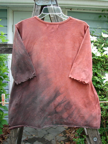 Barclay Three Quarter Sleeved Cafe Shadow Garden Mottled Burnt Orange Size 0 features a graceful A-line shape, rounded neckline, and delicate curly edges, embodying BlueFishFinder's vintage, creative style.