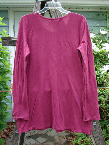 Barclay Slub Hemp Cotton Long Sleeved Straight Tee Heart Love Burgundy Size 1, featuring a rounded slightly dipped neckline, longer straight shape, cozy full-length sleeves, and a heart love theme design.