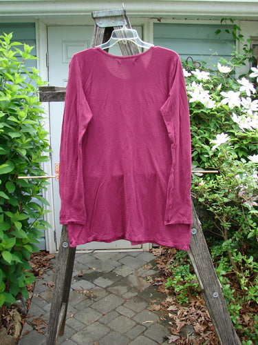 Barclay Slub Hemp Cotton Long Sleeved Straight Tee Heart Love Burgundy Size 1, featuring a rounded neckline, longer straight shape, and cozy full-length sleeves, embodies Bluefishfinder.com's vintage-inspired, creative fashion ethos.