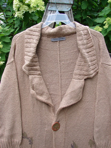 1998 Cotton Knit Canyon Cardigan Sweater Coat Pear Harvest Aspen OSFA features a wide shawl collar, long sleeves, single decorative button, and two angled pockets, exemplifying Bluefishfinder.com's vintage, expressive clothing style.
