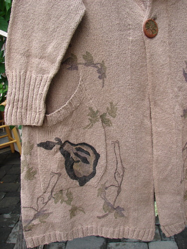 1998 Cotton Knit Canyon Cardigan Sweater Coat Pear Harvest Aspen OSFA, featuring botanical motifs, ribbed accents, oversized clay button, and patch pockets; designed for warmth and individuality, fitting Blue Fish Clothing's creative ethos.