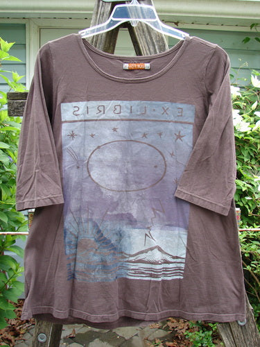 Barclay Three Quarter Sleeved Studio Tee Ex Libris Mocha Size 1 featuring a straight shape with slight A-line flare, three quarter length sleeves, and rounded neckline, showcasing Blue Fish Clothing's creative, vintage style.