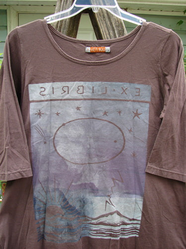 Barclay Three Quarter Sleeved Studio Tee Ex Libris Mocha Size 1 features a straight shape with slight A-line flare, three-quarter sleeves, and a rounded neckline, emphasizing vintage-inspired, artistic design.