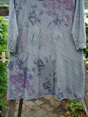 Barclay Viscose Three Quarter Sleeved Raw Cut Tee in Dusk Garden Grey Striation, featuring an A-line shape, raw cut neckline and edges, and three-quarter sleeves, reflecting BlueFishFinder's vintage, expressive style.