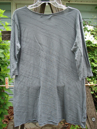 Barclay Viscose Three Quarter Sleeved Raw Cut Tee Dusk Garden Grey Striation Size 1 features a raw cut neckline and edgings, with a slight A-line shape and three-quarter sleeves, embodying Bluefishfinder's vintage style.