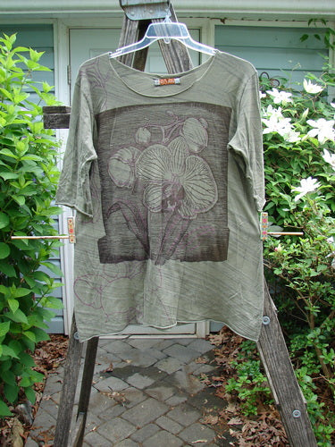 Barclay Viscose Three Quarter Sleeved Raw Cut Tee in Orchid Army Striation, featuring a raw cut neckline and edges, with three-quarter sleeves and a slight A-line shape, highlighting a vintage style.