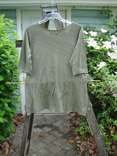 Barclay Viscose Three Quarter Sleeved Raw Cut Tee in Orchid Army Striation, featuring a raw cut neckline, three-quarter sleeves, and a slight A-line shape, perfect for expressing individual style.