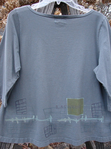 2000 Parklands Tee Top Latitude Iron Size 1: A slate-gray pullover with barbed wire motif on hem, featuring 3/4 sleeves and X-stitched patches, embodying BlueFishFinder's vintage creative style.
