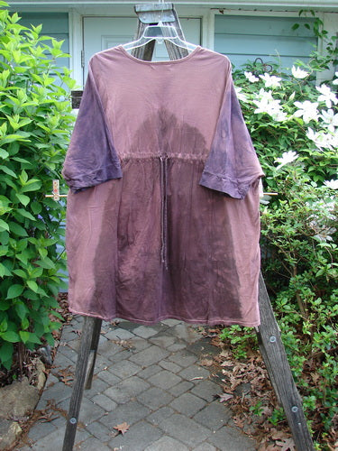 Barclay Banded Drawcord Art Top Paisley Patch Mottled Plum OSFA, featuring a tunic-length design with drop shoulders, three-quarter sleeves, varying hemline, and unique Tiny Village theme paint, exemplifying BlueFishFinder's vintage artistic style.