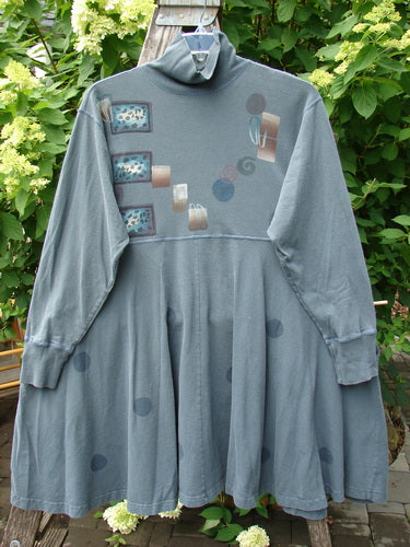 1996 Enchantment Dress Polka Path Mirror Size 2 features a loose-fitting, grayish-blue smock with geometric appliqués, a high folded neckline, and a flared skirt, showcasing Blue Fish's vintage charm.
