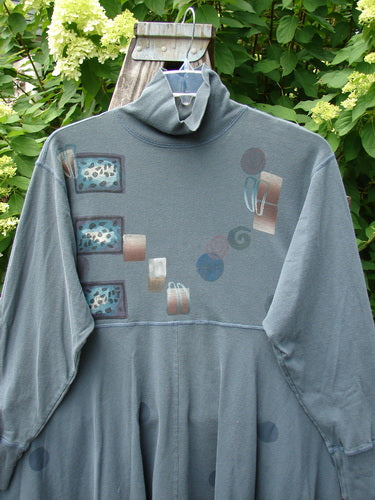 1996 Enchantment Dress Polka Path Mirror Size 2 features a slate-gray, long-sleeved design with a mock turtleneck, abstract motifs, exterior whip stitching, empire waist seam, and deep inseam pockets.