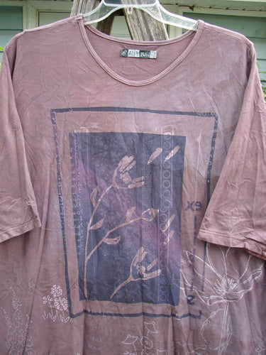 Barclay Tournesol Tunic Triple Stem Mottled Dark Rose features a loose fit, rounded neckline, drop shoulders, and varying hemline, highlighting its creative design from BlueFishFinder's vintage collection.