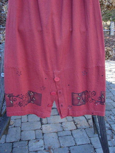 1997 Hearth Peplum Button Duo Vines Brick Size 2 features a red skirt with large buttons, full elastic waistline, deep inseam pockets, and a matching peplum jacket with oversized pearl-like buttons.