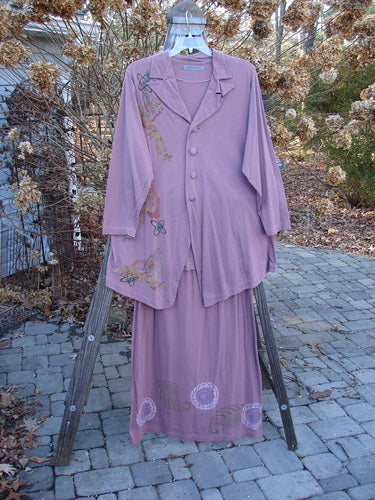 1996 Boulevard Festival Duo Laurel Size 1: Organic cotton jacket on a wooden stand with button accents, tailored fit, and matching skirt featuring an elastic waist and A-line flare.