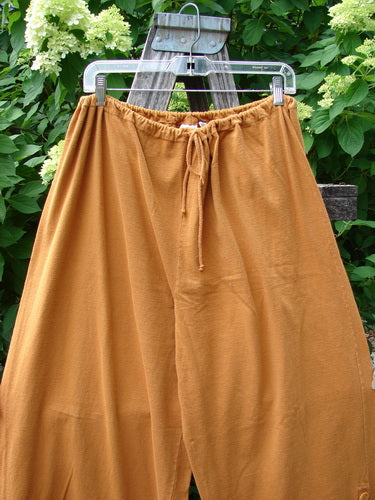 1994 Banjo Pant Dandelion Breeze Oro Size 2: Loose-fitting drawstring pants with elastic waist, tie cord, and widening legs, suspended from a hanger, showcasing unique hem paint and side buttons.