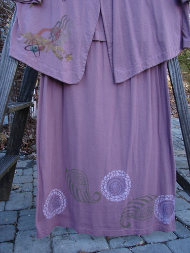1996 Boulevard Festival Duo Laurel Size 1: Purple dress with bird pattern, featuring button-accented collar, varying shirttail hemline, inseam pockets, and matching festival skirt with elastic waist and A-line flare.