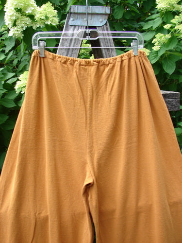 A pair of 1994 Banjo Pant Dandelion Breeze Oro Size 2 with elastic waistband and wide legs, featuring three vertical side buttons, hangs outdoors, showcasing its vintage charm amid lush greenery.