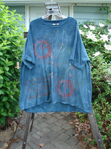 Barclay Art Tunic Sun Fellow Mottled Blue Mineral OSFA featuring a loose, longer tunic length, drop shoulders, and unique upward rounded hem, embodying Bluefishfinder's vintage, creative fashion ethos.