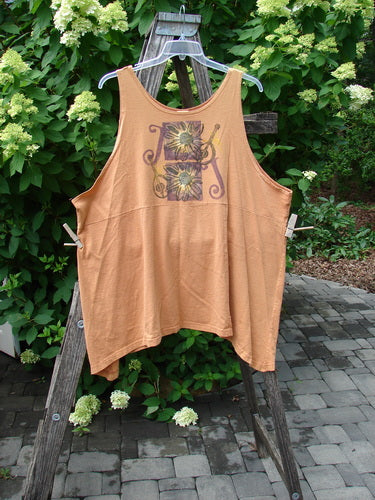 1994 Short Simple Smock Double Daisy Oro Size 1, featuring sunflower prints and vine accents, hangs on a stepladder, highlighting its loose fit and rounded neckline, embodying Bluefishfinder.com's vintage, expressive style.