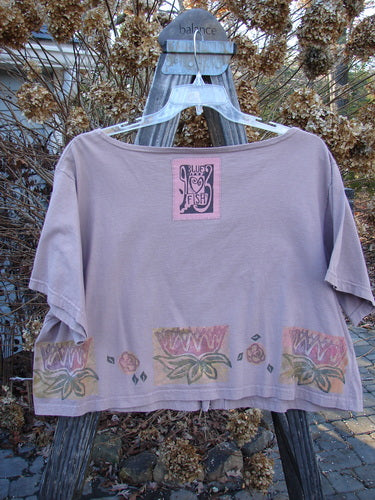 1993 Travel Top Lilly Pads Dried Rose Size 2, featuring a deeply scooped neckline, crop shape, water lily theme, and signature Blue Fish patch on the back. Suitable for layering and vintage styling.