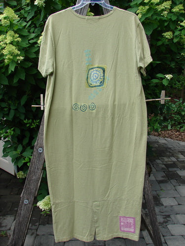 1997 Aquavella Dress Modern Gal Pear Size 1, a pale-green oversized T-shirt dress, features unique printed motifs on its front. It's displayed outdoors on a hanger with leafy shrubs and a patio in the background.