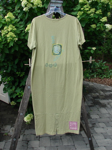 The 1997 Aquavella Dress Modern Gal Pear Size 1 is an olive-green T-shirt dress with a small graphic and pink label, displayed on a ladder, reflecting Blue Fish Clothing's vintage style.