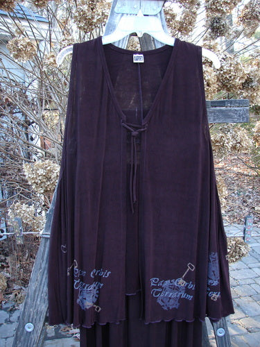 1999 Acetate Streamer Moonbeam Duo Key Deep Burgundy Size 1: Purple vest with silk tie closure, varying hemline, and matching skirt with full elastic waistline, both featuring lettuce edging and a flowing A-line shape.