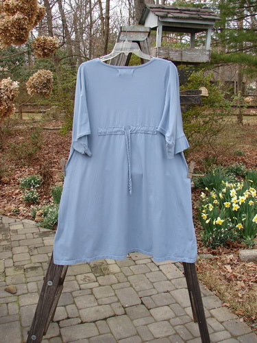 Barclay NWT Three Quarter Sleeve Happiness Tunic Big Kitty Cat Blue Sky Size 0 displayed on a swing, featuring a drawcord back, unique hem script, and Wild Garden Big Cat paint theme.