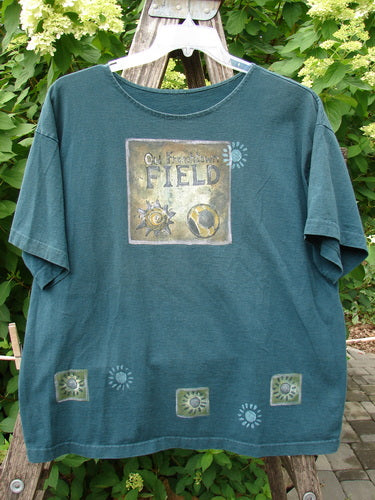1996 Short Sleeved Promo Tee Old Frenchtown Field Viridian Size 1 features a square graphic with FIELD and sun motifs, highlighting its vintage appeal and Blue Fish Clothing's creative, expressive style.
