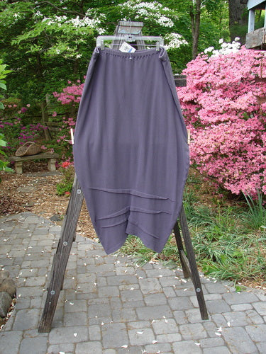 2000 NWT Thermal Awen Skirt Larger Elastic Unpainted Eggplant Size 2 displayed on a wooden ladder, showcasing its generous bell shape, textured hemline, and full elastic waistband.