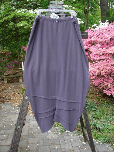 2000 NWT Thermal Awen Skirt Larger Elastic Unpainted Eggplant Size 2, hanging on a clothesline, showcasing its full elastic waist band, textured diagonal hemline, and generous bell shape.
