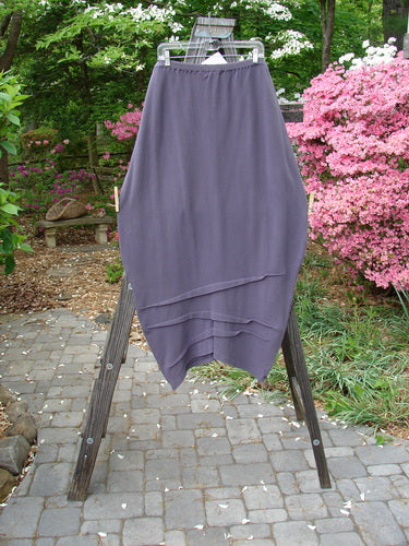 2000 NWT Thermal Awen Skirt Larger Elastic Unpainted Eggplant Size 2 displayed on a wooden rack, showcasing its heavy cotton fabric, full elastic waist, and unique textured hemline folds.