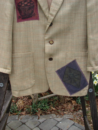 1994 Patched Blazer Elements Grass Wheat Tweed OSFA: Vintage blazer with nature-themed patches, square shoulder pads, top handkerchief slit pocket, and three-button closure in light wheaty plaid fabric, fully lined.